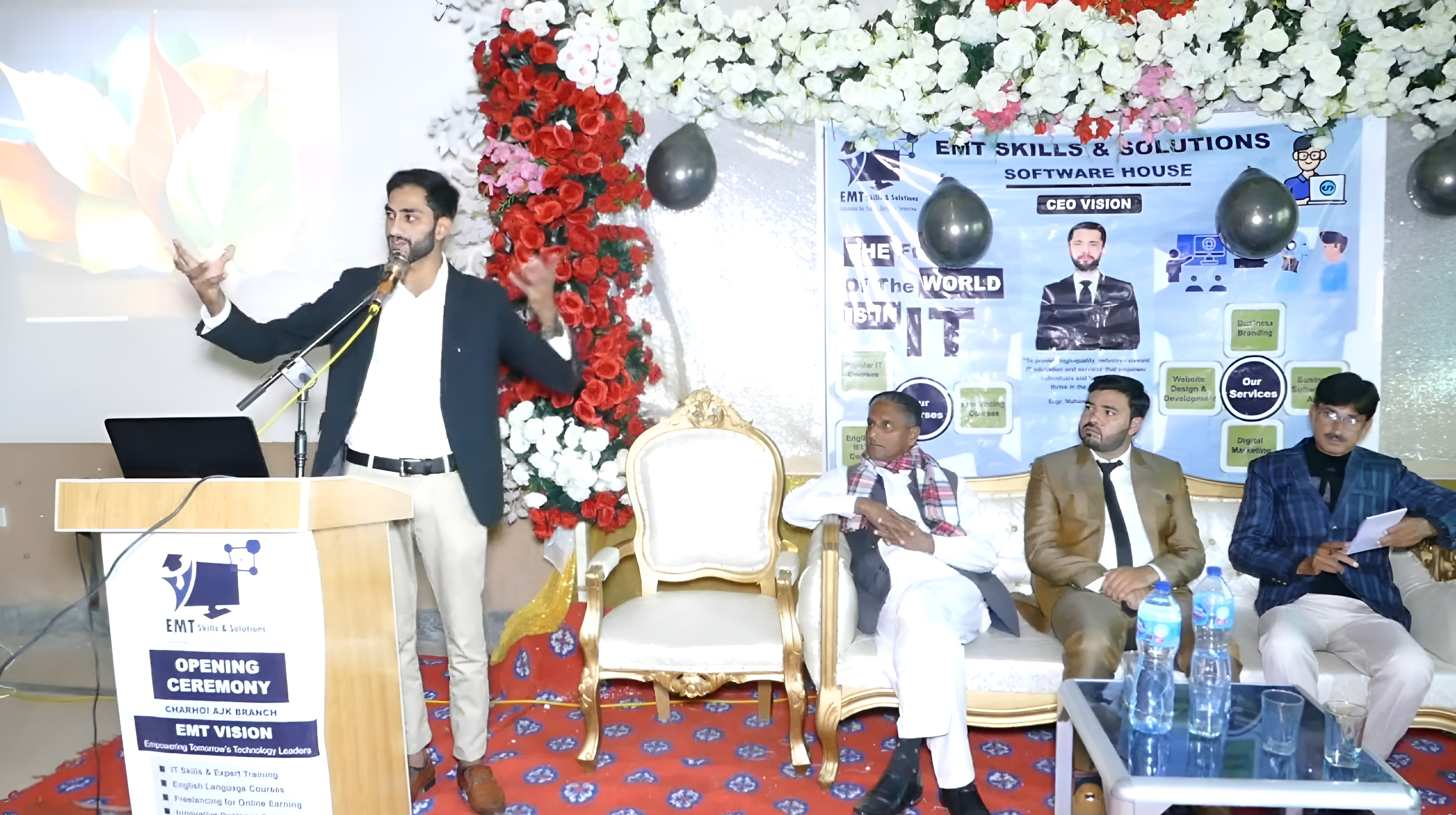 Engr. Sohaib Yaseen delivering an insightful speech on IT and technology during the Grand Opening of EMT Skills & Solutions, November 2024.